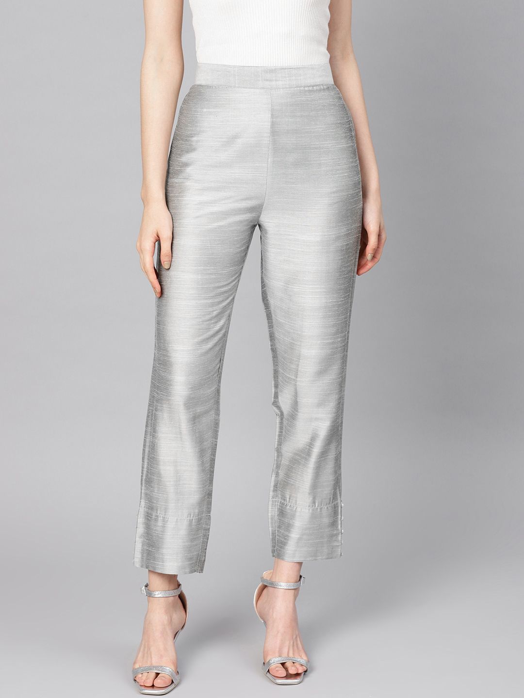 Varanga Women Silver Silk Regular Cropped Trousers