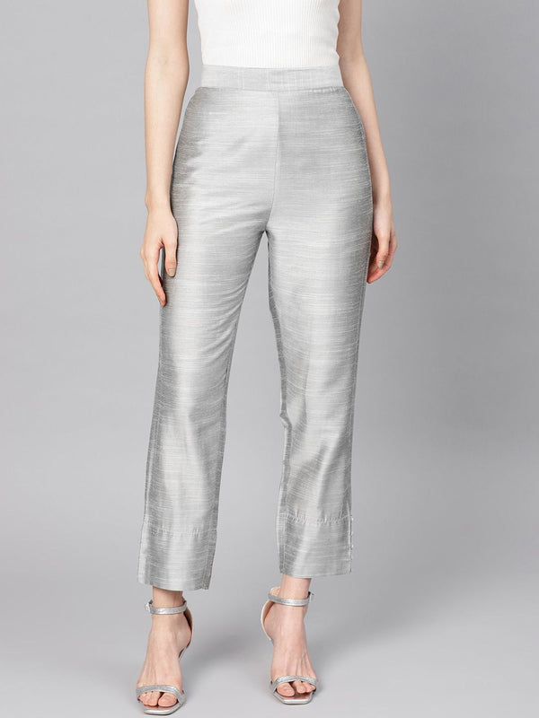 Varanga Women Silver Silk Regular Cropped Trousers