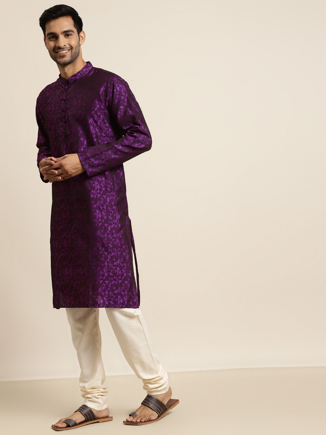 SOJANYA Men Purple Geometric Woven Design Kurta