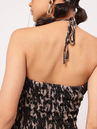 DressBerry Retro Vibes Animal Print Halter Neck Smocked Maxi Dress