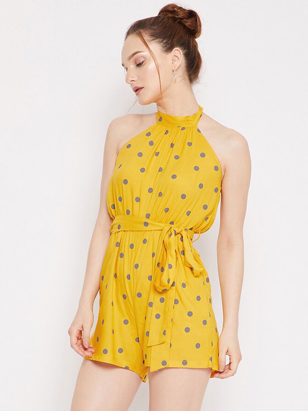Berrylush Woman Yellow & Grey Polka Halter Neck Printed Jumpsuit