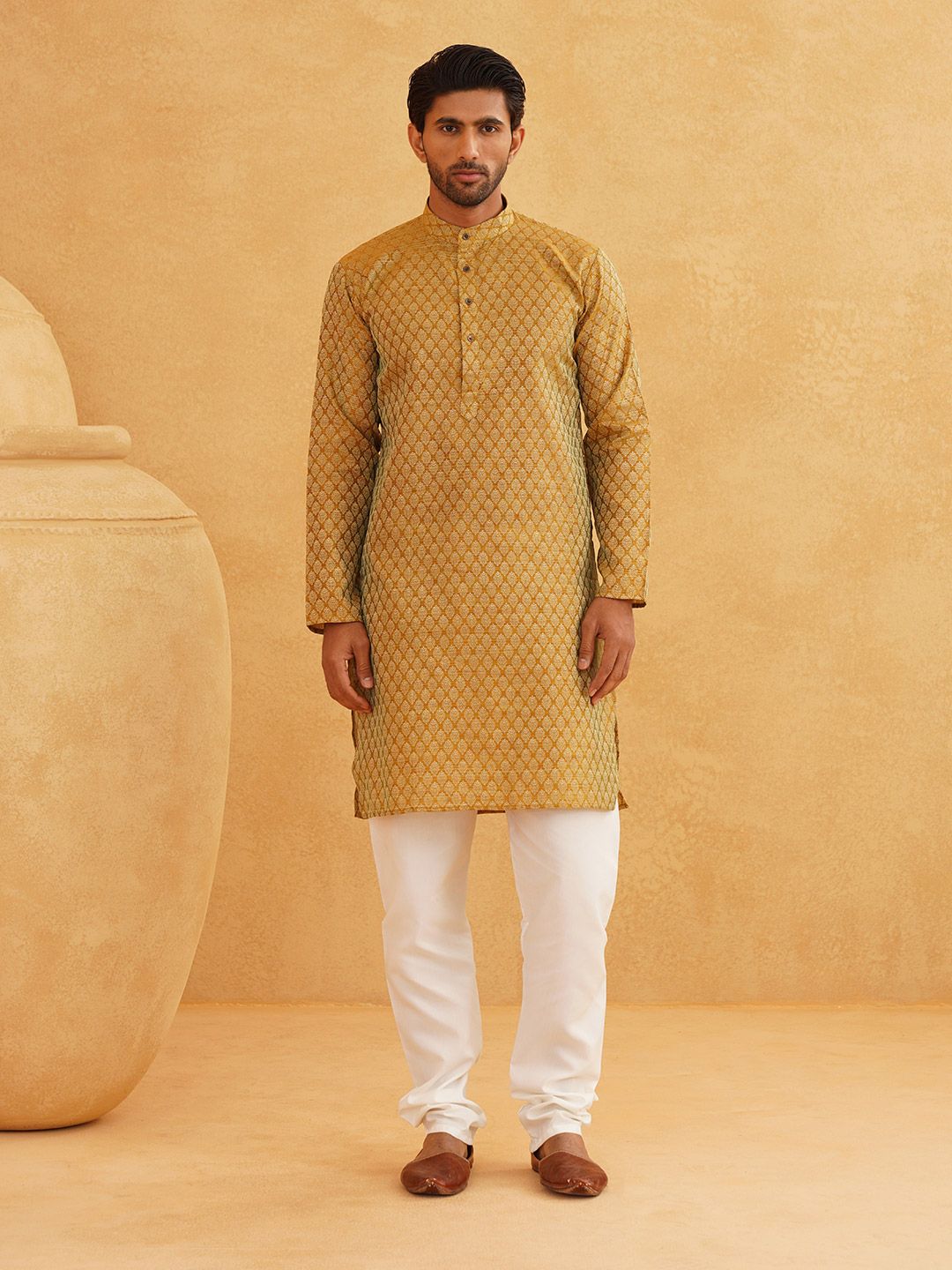 SOJANYA  Mandarin Collar Ethnic Motif Woven Design Regular Kurta with Churidar