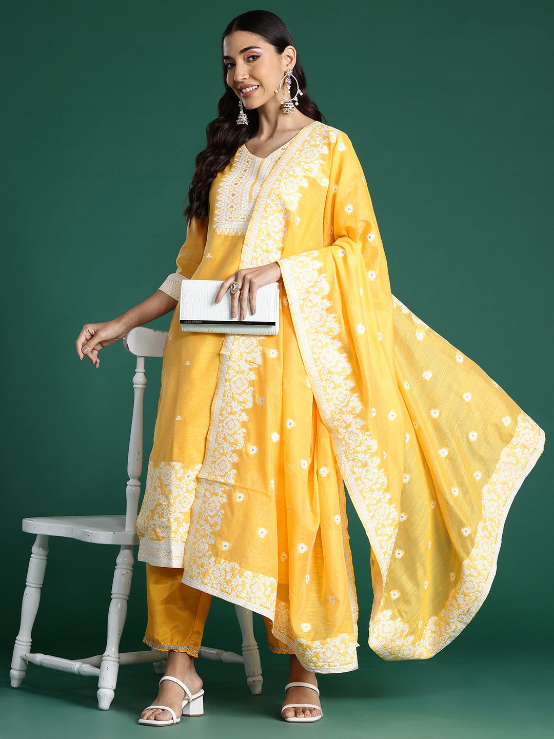 Indo Era Woven Design Jacquard Chanderi Silk Kurta With Trousers & Dupatta