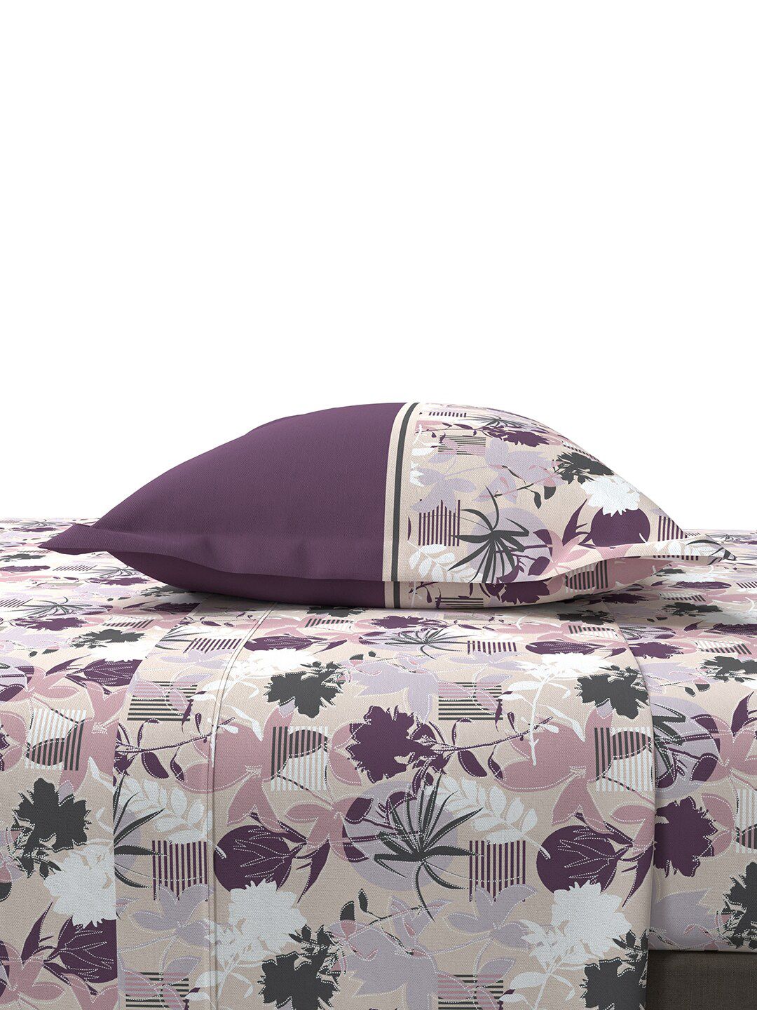 MYTRIDENT Mauve  White Floral Cotton 144 TC Queen Bedsheet With 2 Pillow Covers