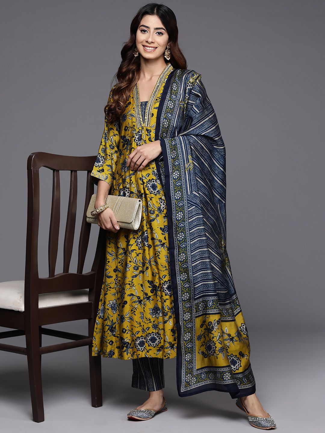 Varanga Floral Printed Sequinned Chanderi Silk Straight Kurta With Trouser & Dupatta
