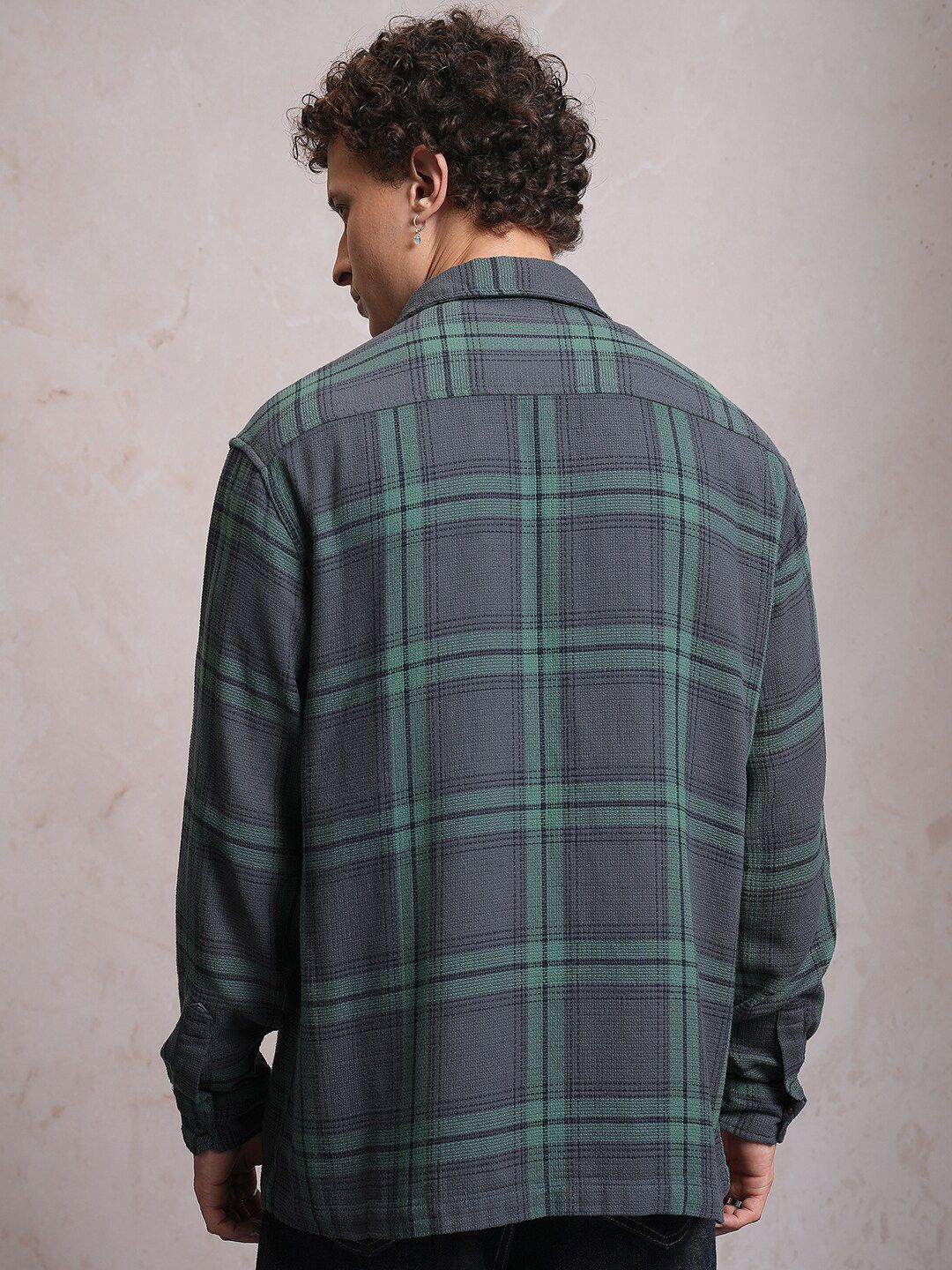 Locomotive Men Blue Dobby Textured Checked Cotton Overshirt