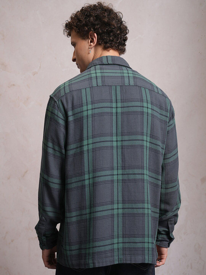Locomotive Men Blue Dobby Textured Checked Cotton Overshirt