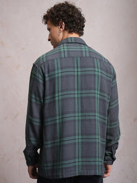 Locomotive Men Blue Dobby Textured Checked Cotton Overshirt