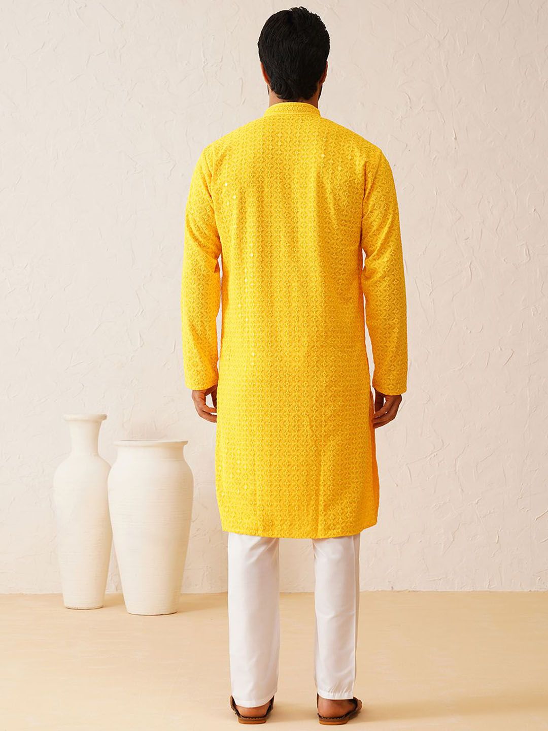 SOJANYA Embroidered Mandarin Collar Sequinned Pure Cotton Kurta with Pyjamas