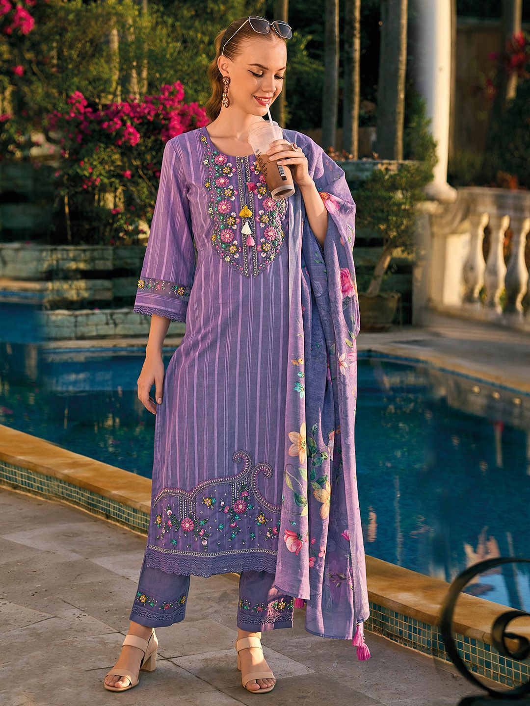 Indo Era Floral Embroidered Regular Thread Work Pure Cotton Kurta With Trousers & Dupatta