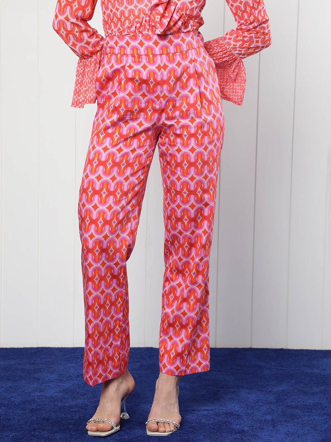 RAREISM Women Geometric Printed Slim Fit Pure Cotton Trousers