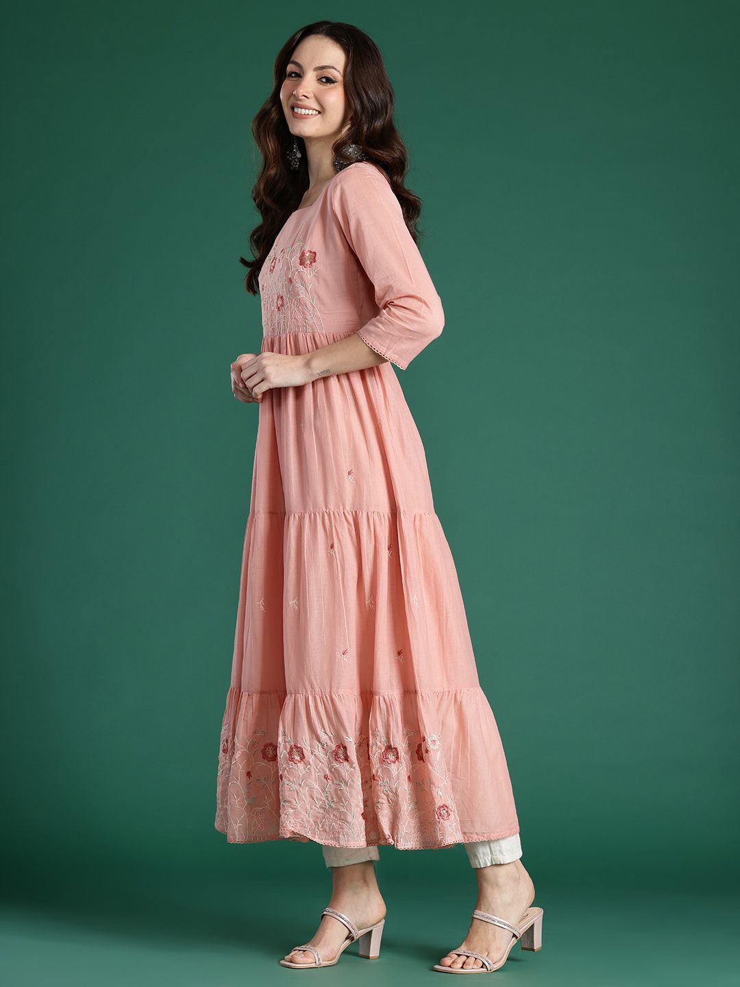 Indo Era Floral Embroidered Thread Work Pure Cotton Anarkali Kurta