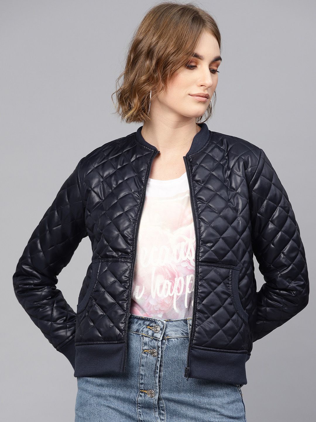 SASSAFRAS Women Navy Blue Solid Quilted Jacket