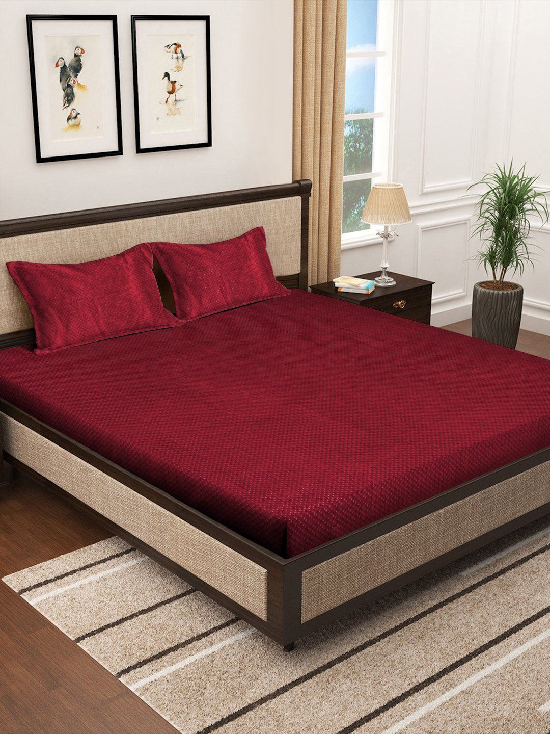 Myntra Elegant Homes Red 300 TC King Woolen Bedsheet with 2 Pillow Covers-250X225 cm