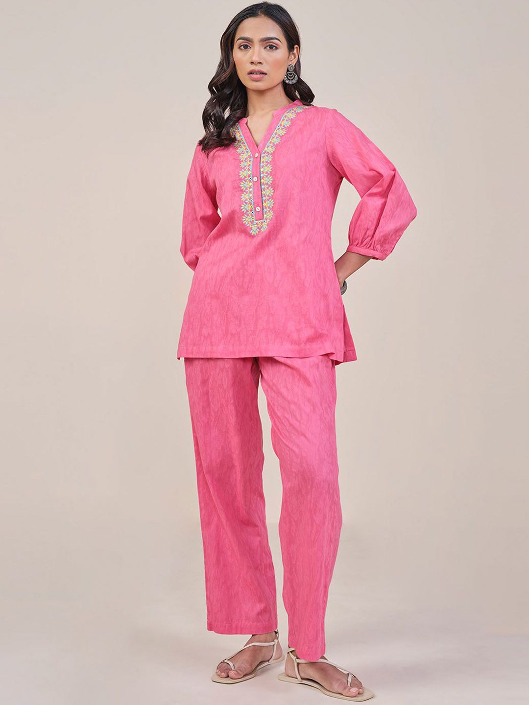 Global Desi Abstract Printed Thread Work Mandarin Collar Pure Cotton Top With Trouser