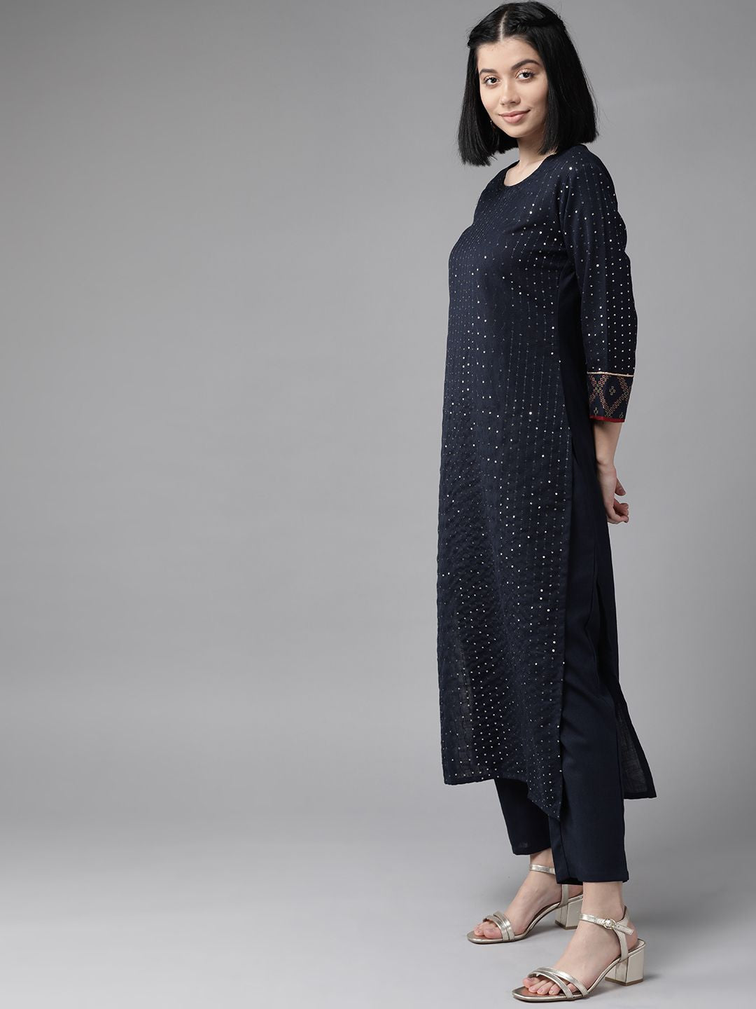 Indo Era Women Navy Blue & Silver Sequin Stripes Kurta with Trousers & Dupatta