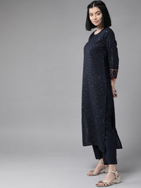 Indo Era Women Navy Blue & Silver Sequin Stripes Kurta with Trousers & Dupatta