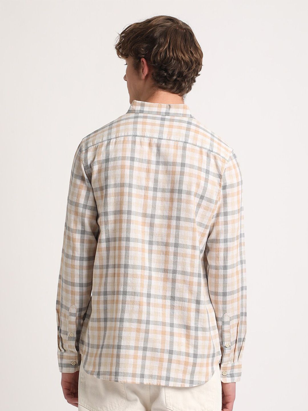 THE BEAR HOUSE Tartan Checked Slim Fit Cotton Linen Casual Shirt