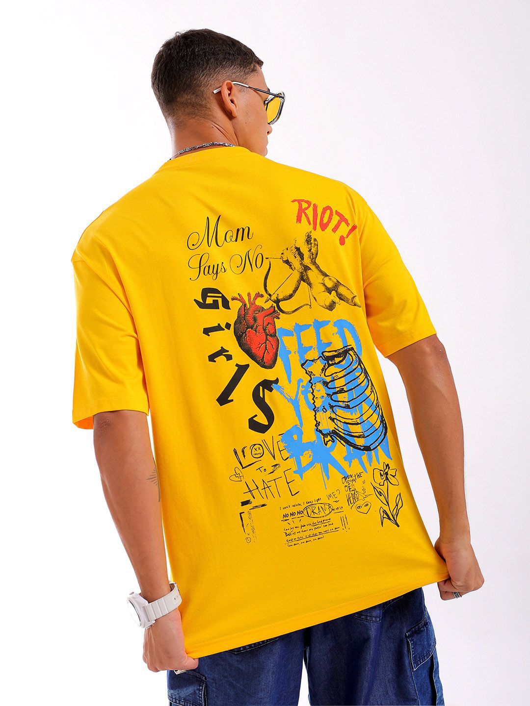 The Indian Garage Co Men Back Printed Boxy Oversized Round Neck Pure Cotton T-shirt