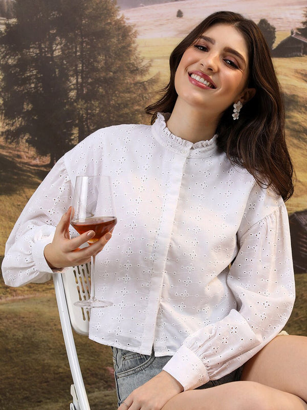Tokyo Talkies Reka Bentuk Diri Self White Schiffli Band Collar Cuffed Sleeves Shirt Gaya Baju