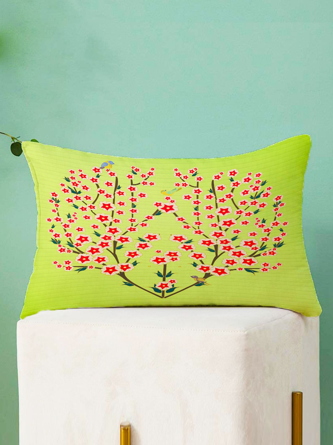 STITCHNEST Green & Blue Set of 2 Floral Rectangle Cushion Covers