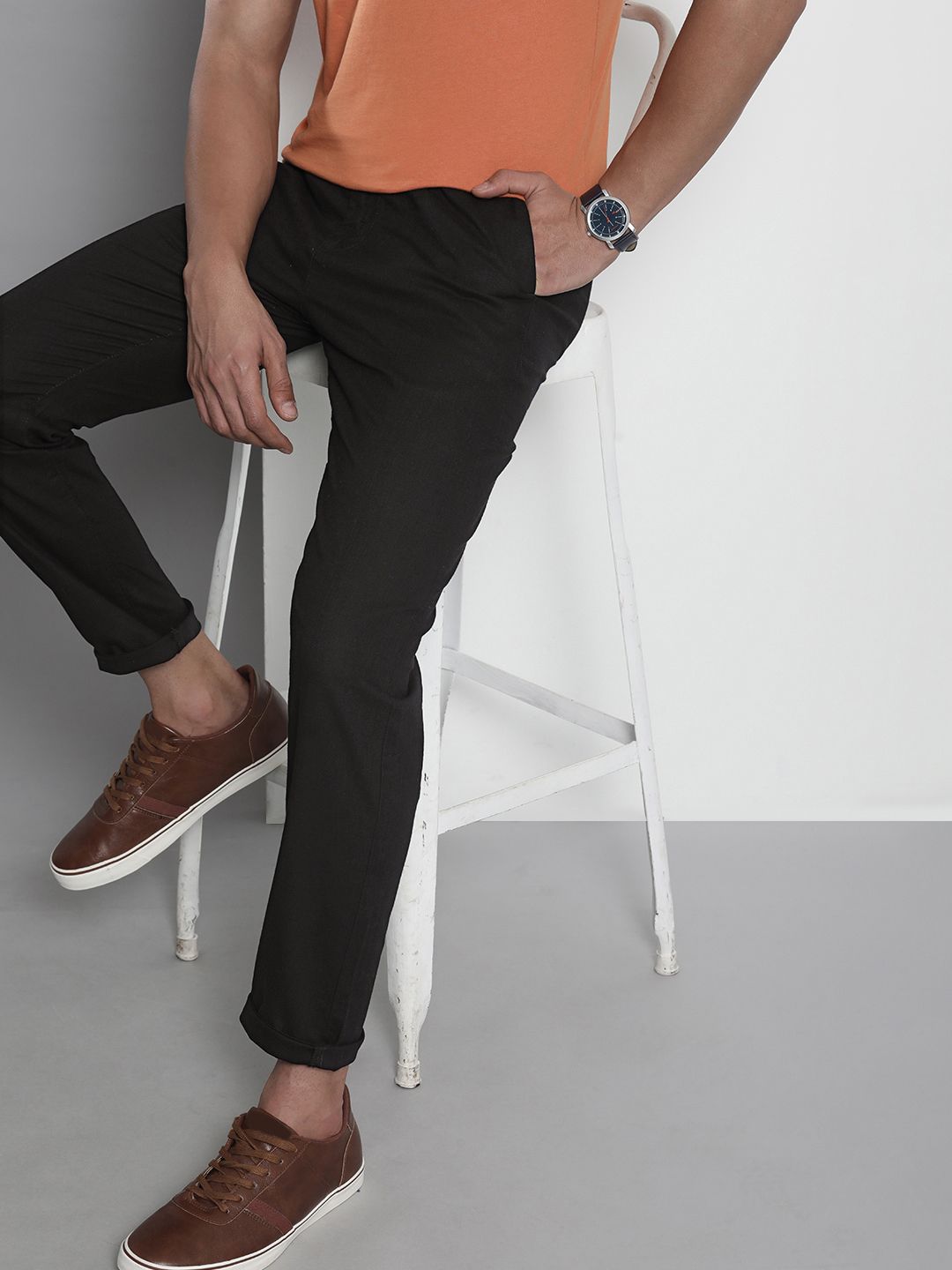 The Indian Garage Co Men Black Cotton Slim Fit Trousers