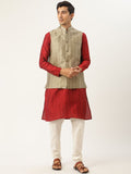 SOJANYA Men Red & Beige Ethnic Motifs Woven Design Kurta with Churidar & Nehru Jacket