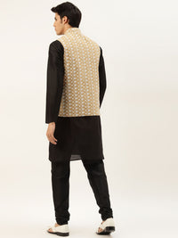 SOJANYA Men Black Thread Work Kurta with Churidar & Nehru Jacket