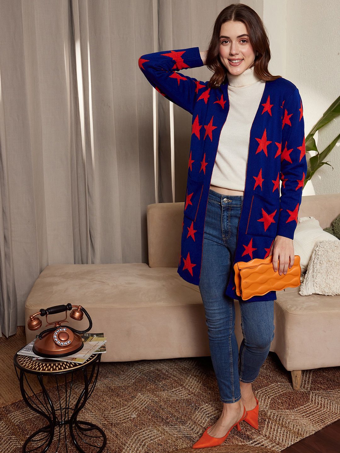 Berrylush Blue & Red Conversational Printed Longline Front Open Sweater