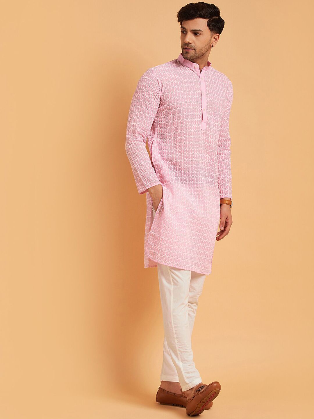 SOJANYA Mandarin Collar Ethnic Motifs Embroidered Thread Work Pure Cotton Kurta