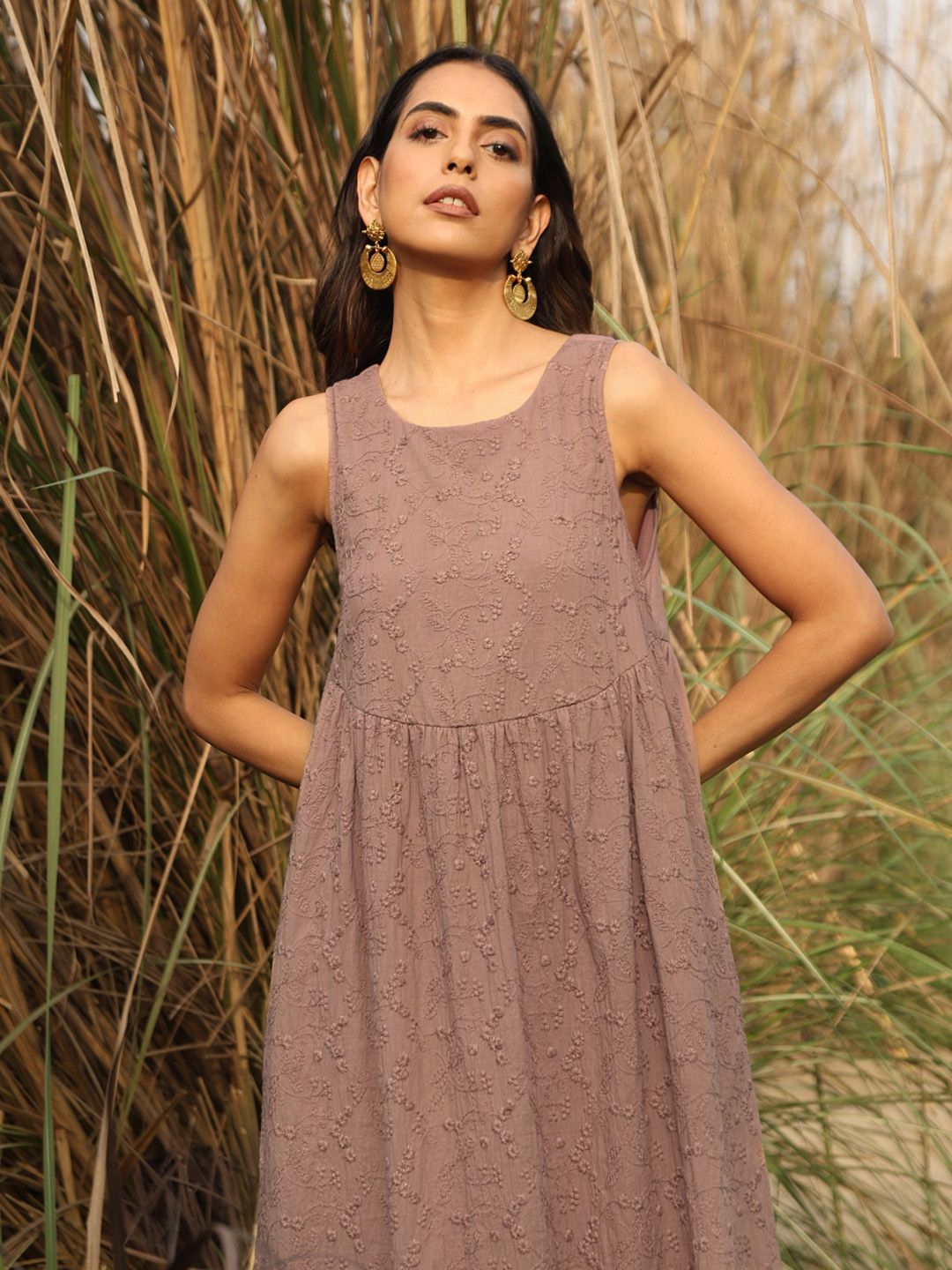 trueBrowns Floral Embroidered Round Neck A-Line Maxi Ethnic Dresses