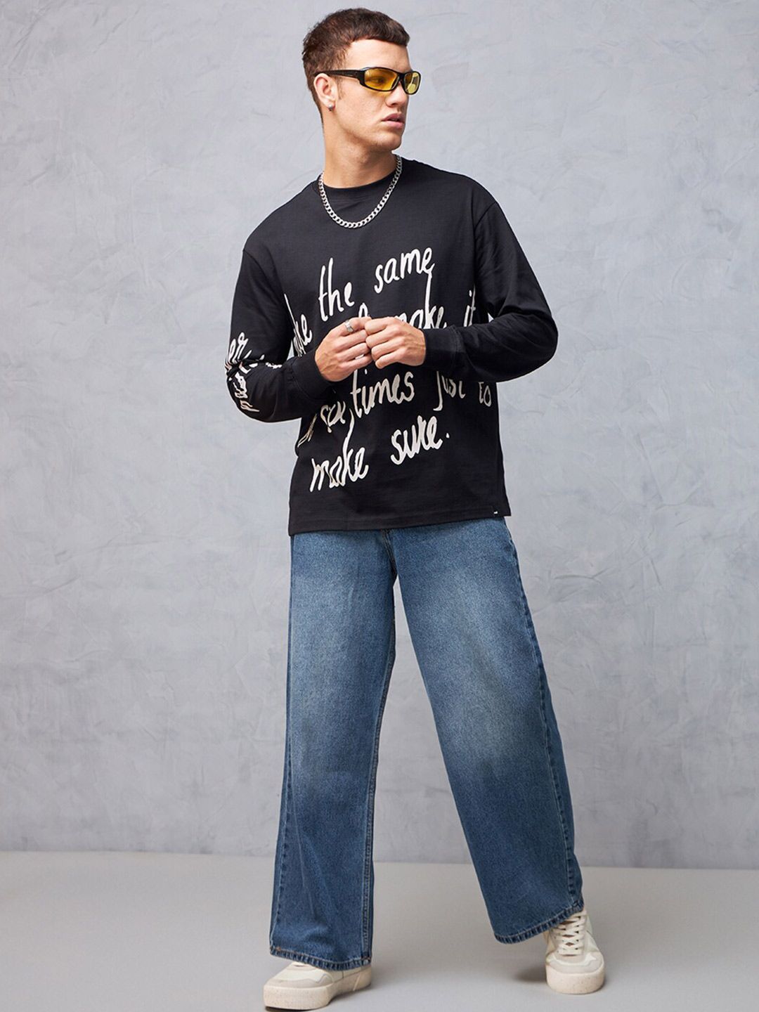 Bewakoof Black Typography Printed Round Neck Long Sleeves Cotton Oversized T-shirt