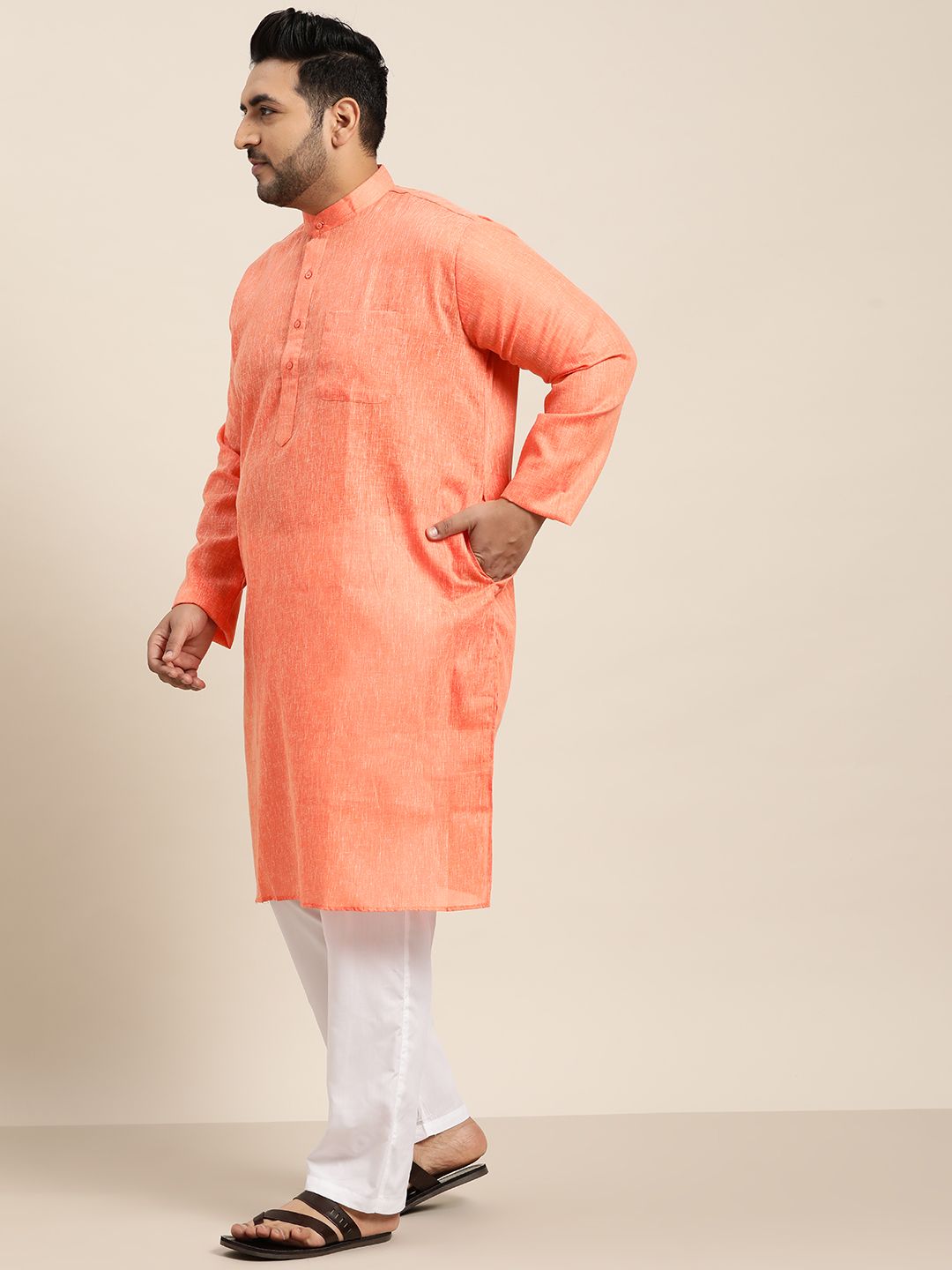 SOJANYA PLUS Men Orange Woven Design Dobby Straight Kurta
