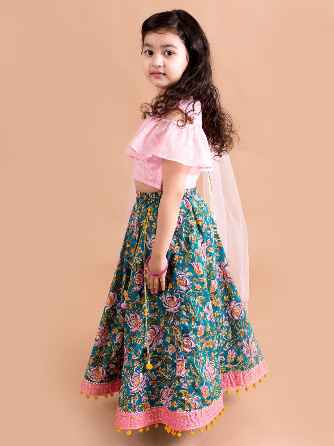 pspeaches Girls Blue & Pink Ready to Wear Lehenga & Blouse With Dupatta