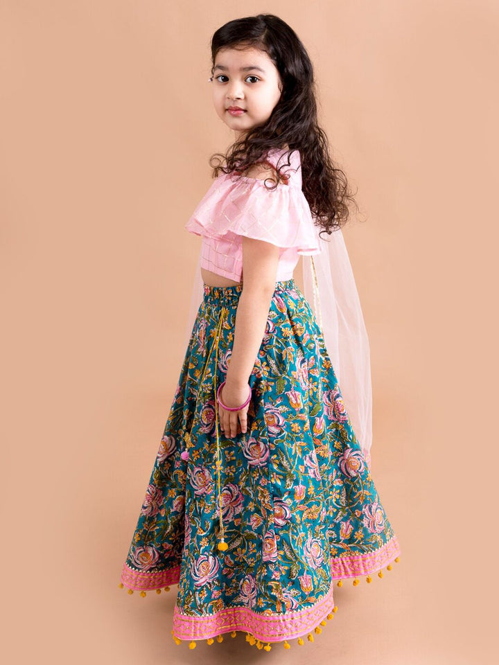pspeaches Girls Blue & Pink Ready to Wear Lehenga & Blouse With Dupatta