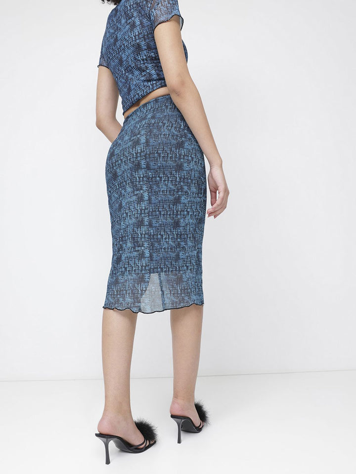 DressBerry Trippy Print Mesh Moment Slit Pencil Midi Skirt