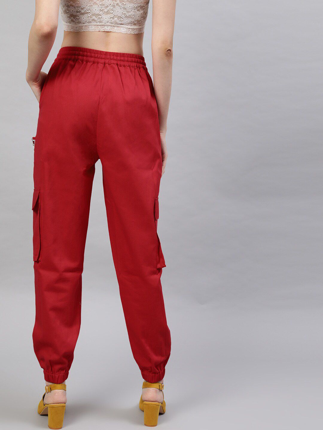 STREET 9 Women Pure Cotton Red Twill Cargo With Chain