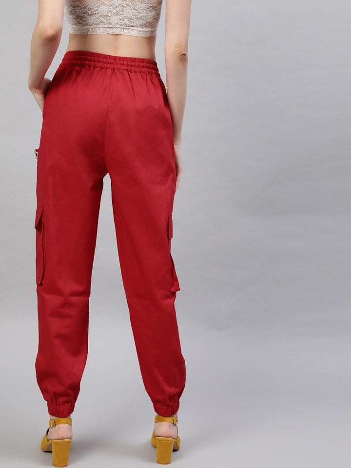 STREET 9 Women Pure Cotton Red Twill Cargo With Chain