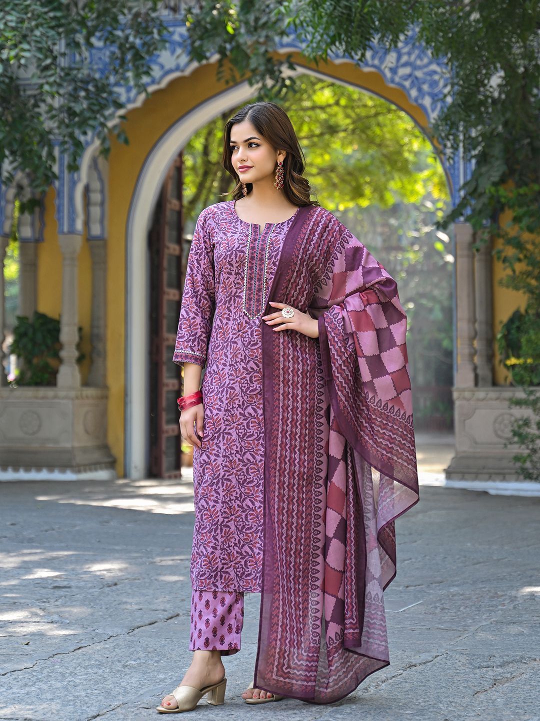 KALINI Floral Printed Notch Neck Gotta Patti Straight Kurta With Trousers & Dupatta