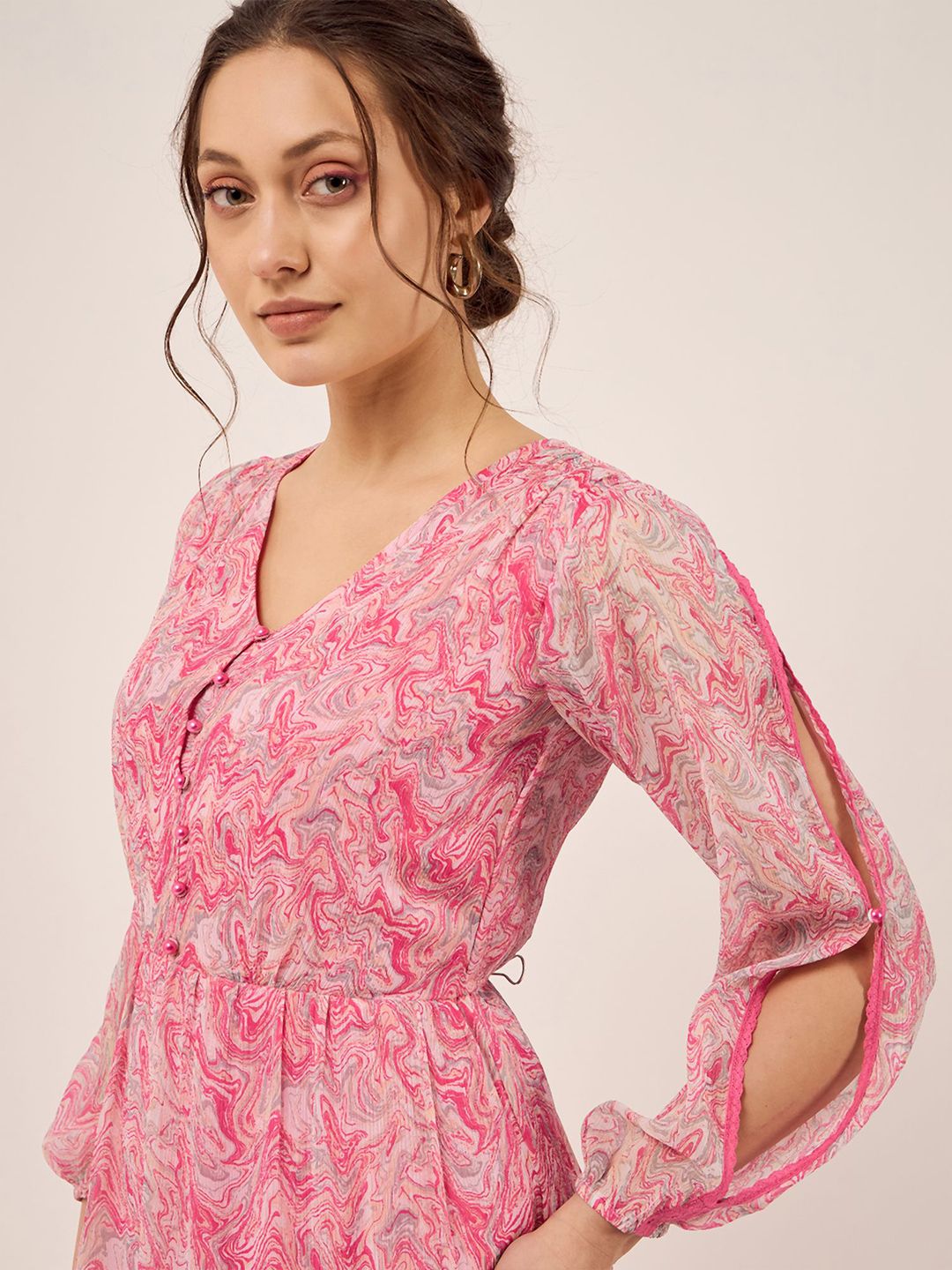 Antheaa Abstract Printed Puff Sleeves Gathered Layered Fit & Flare Dress