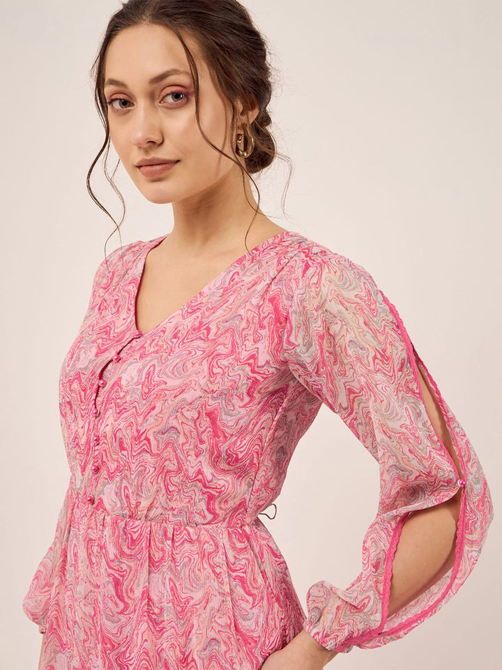 Antheaa Abstract Printed Puff Sleeves Gathered Layered Fit & Flare Dress