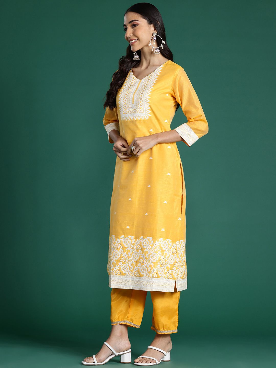 Indo Era Woven Design Jacquard Chanderi Silk Kurta With Trousers & Dupatta