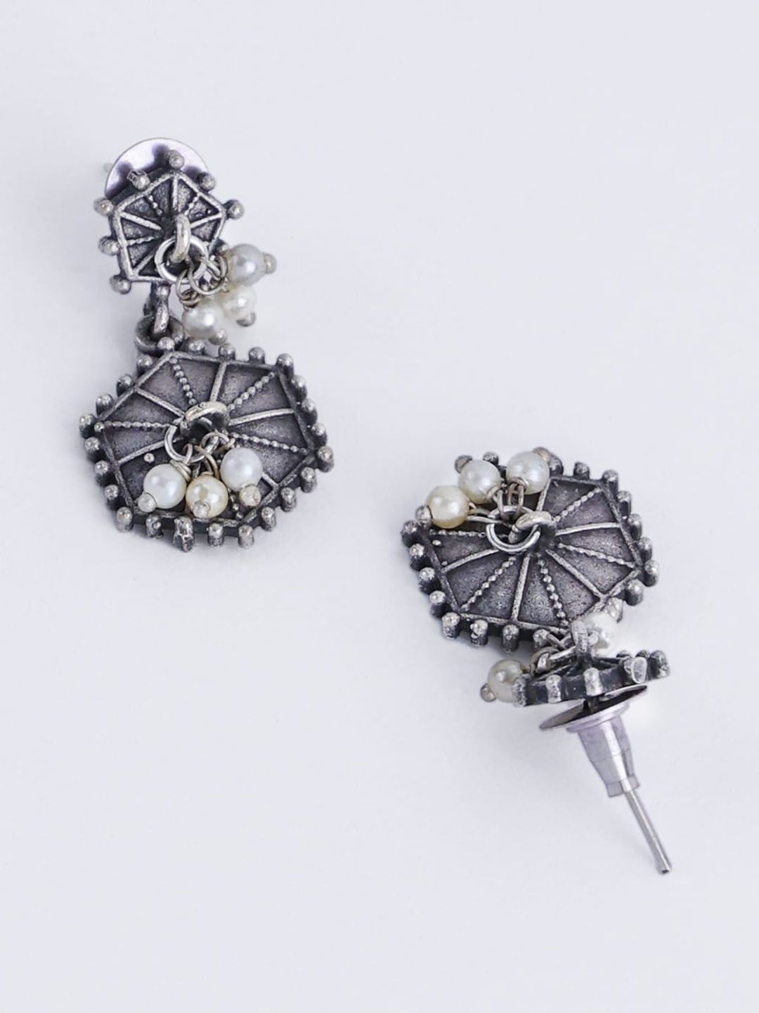 PANASH Silver-Plated Oxidised Pearls Drop Earrings