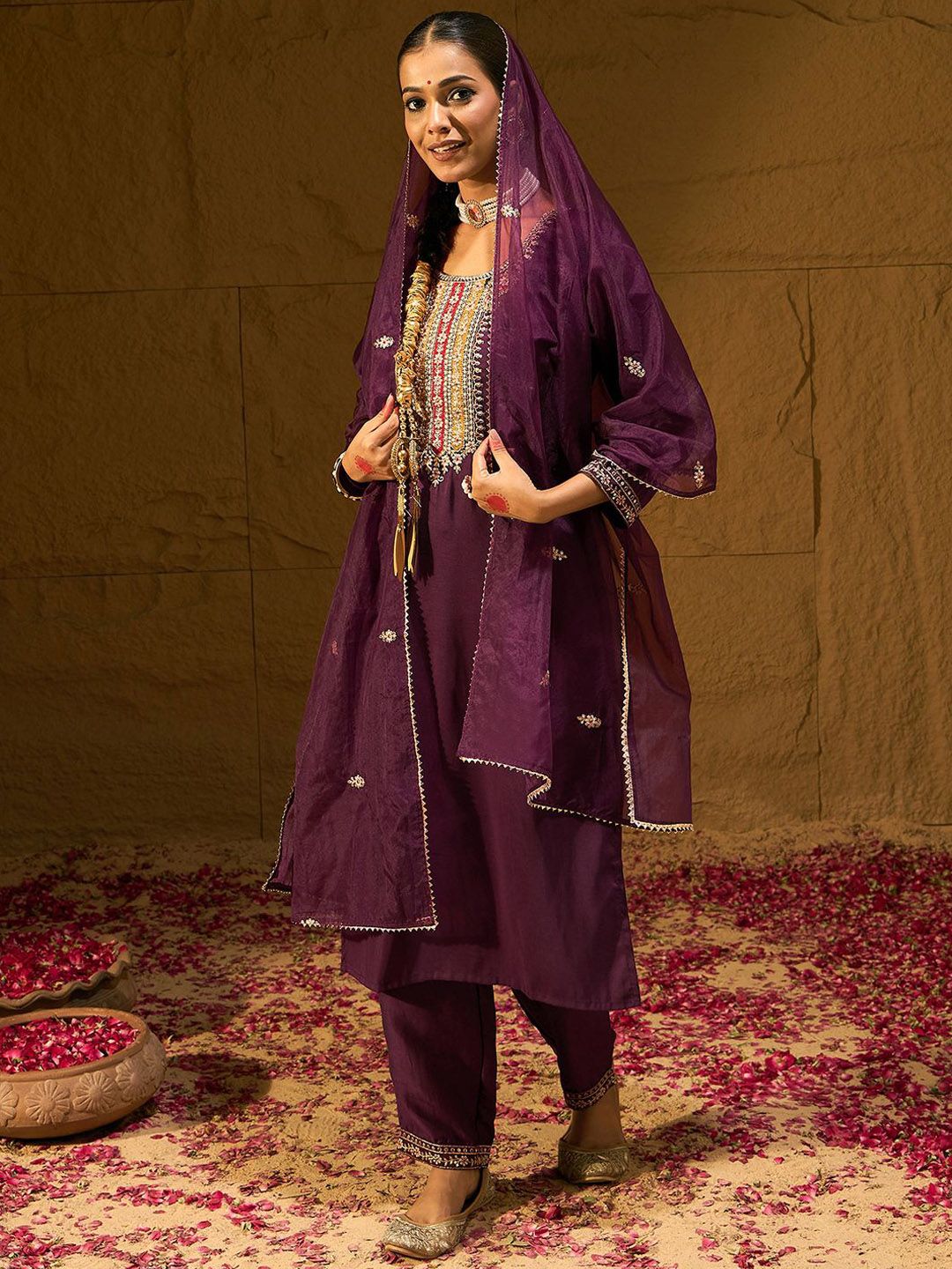 Indo Era Burgundy Floral Embroidered Straight Kurta with Trousers & Dupatta