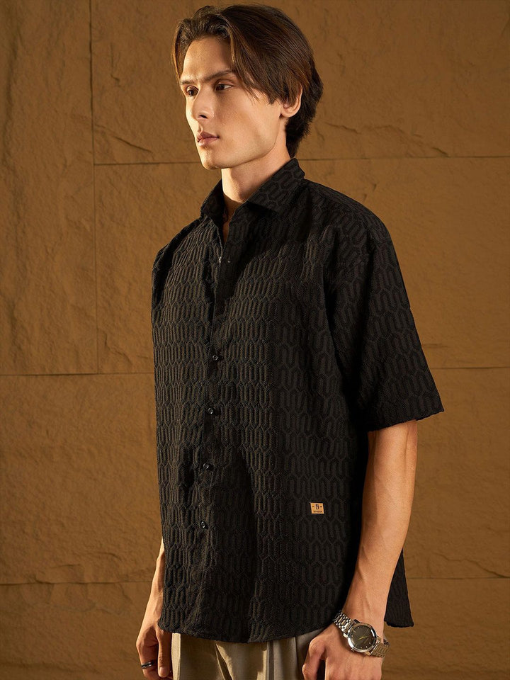 DENNISON Men Relaxed Spread Collar Textured Oversized Casual Shirt