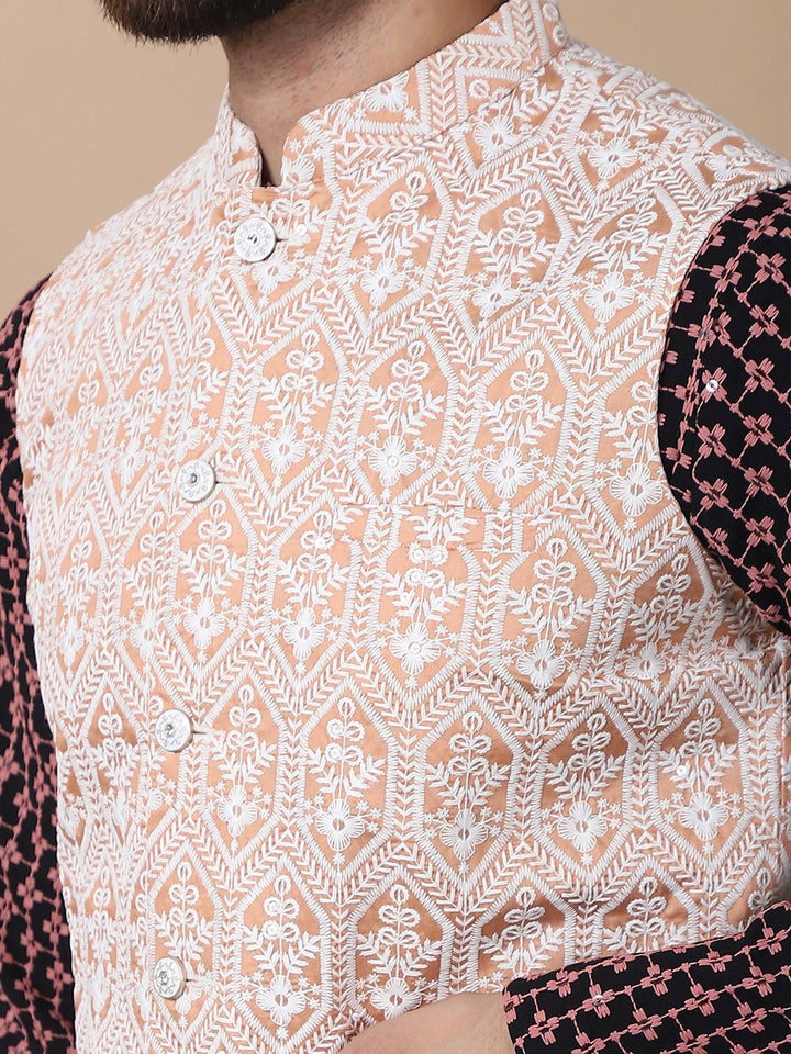 Anouk Coral Floral Embroidered Sequinned Pure Cotton Kurta with Churidar & Nehru Jacket
