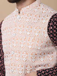 Anouk Coral Floral Embroidered Sequinned Pure Cotton Kurta with Churidar & Nehru Jacket