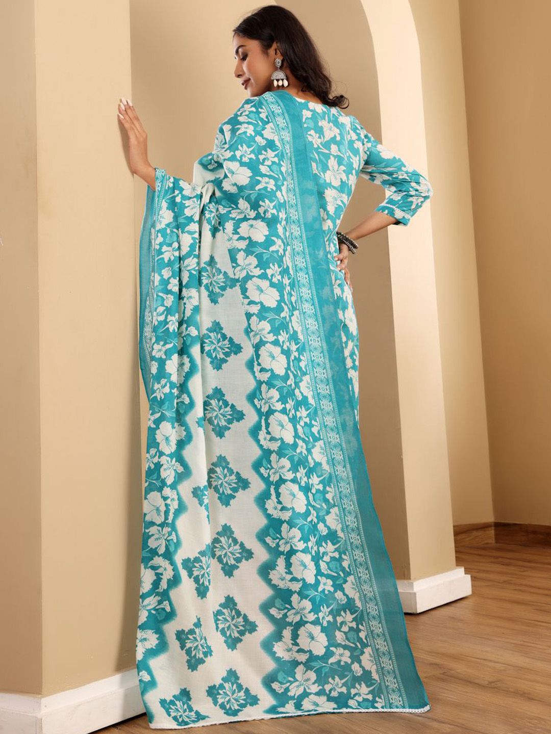 Varanga Floral Printed V-Neck Straight Kurta With Trousers And Dupatta