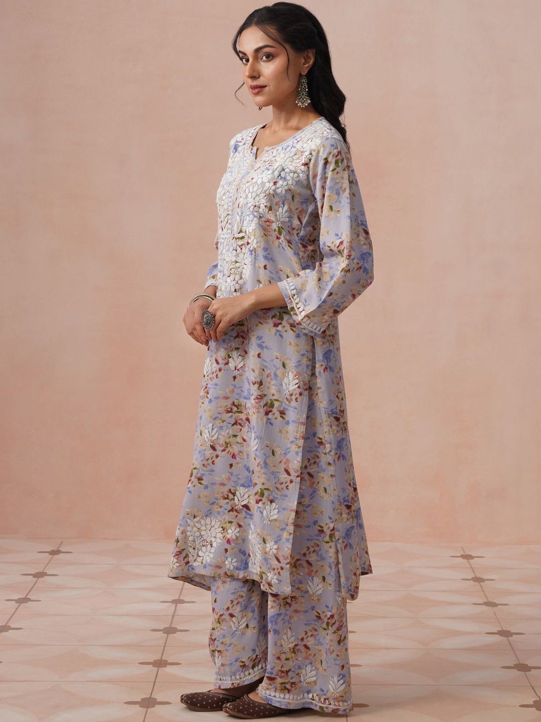 House of Chikankari Women Printed Regular Chikankari Kurta with Trousers