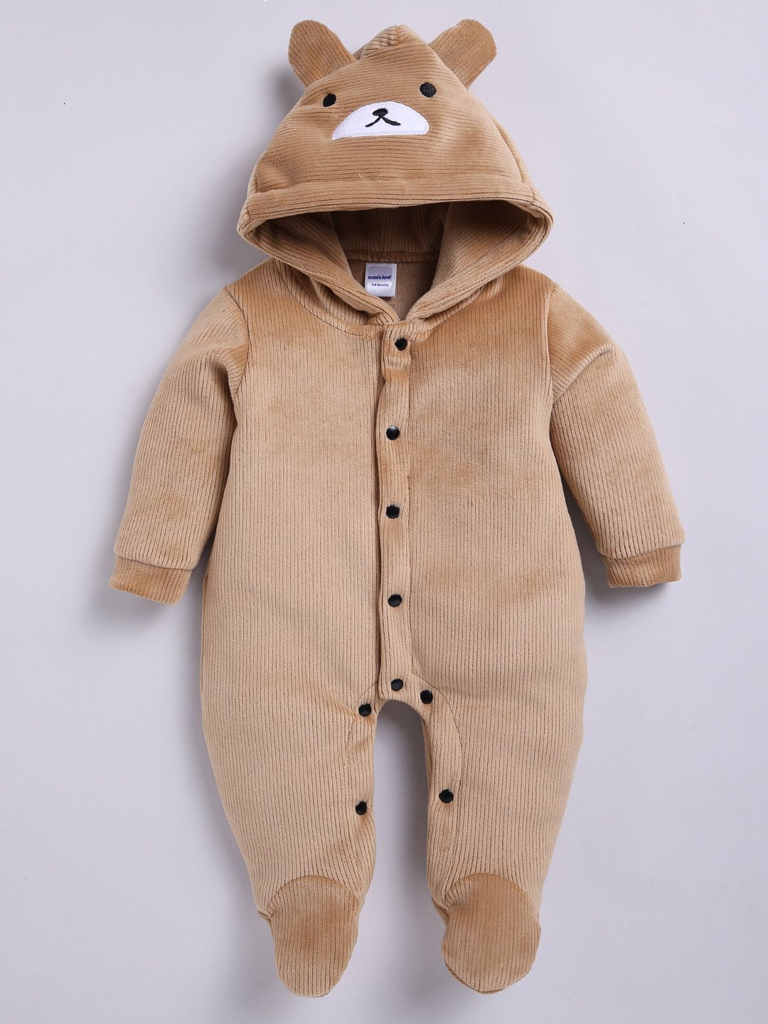 Moms Love Infant Boys Pure Cotton Velvet Finish Ribbed Hooded Sleepsuit